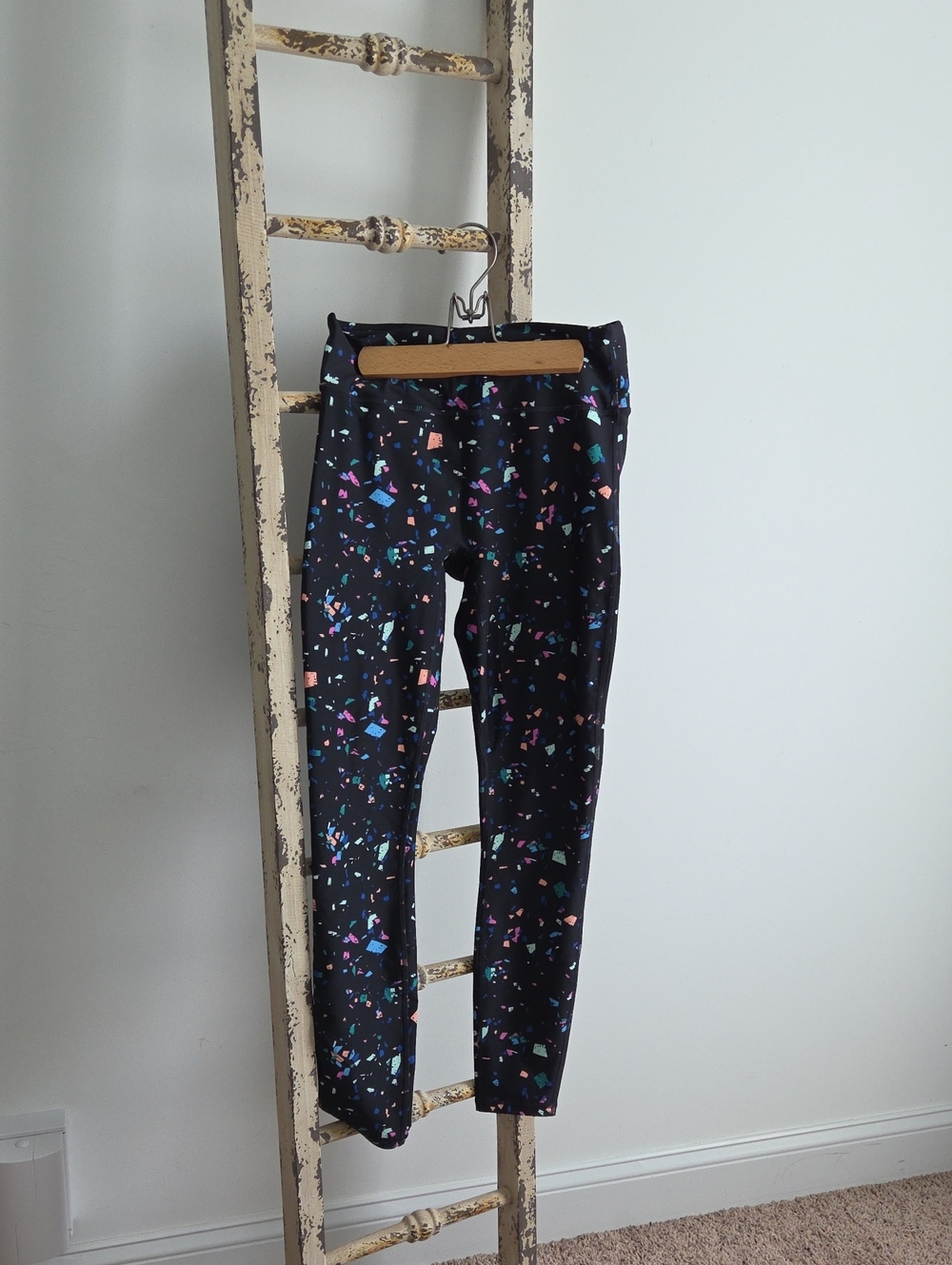 Fabletics Black Leggings with Multicolor Confetti Print